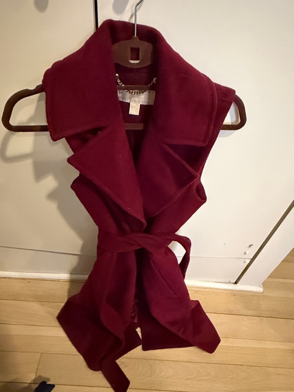 Michael Kors Sleeveless Belted Wool Vest Coat in Burgundy